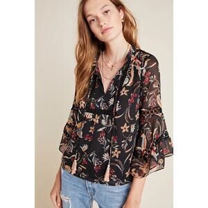 Maeve by Anthropologie Black Floral Statement Sleeve Spring Blouse Size XS